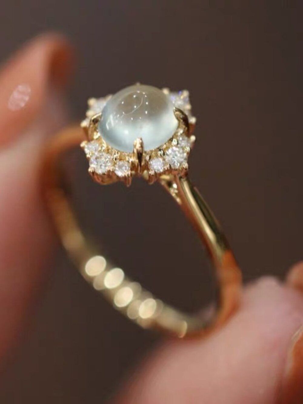 Adjustable Cat Eye Ring Gold Open Ring CZ Halo Statement Ring